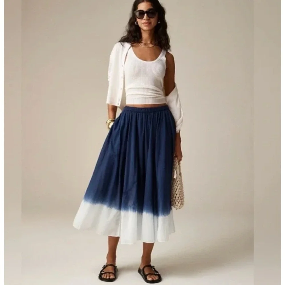 J. Crew NWT Women's Pull-On Midi Skirt Dip-Dyed Cotton Voile Size S Blue White